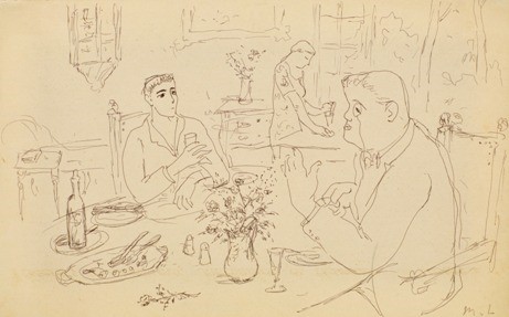 М.Ф. Ларионов. С.П. Дягилев и Л. Мясин за столом. 1930-е. Фото: ГТГ