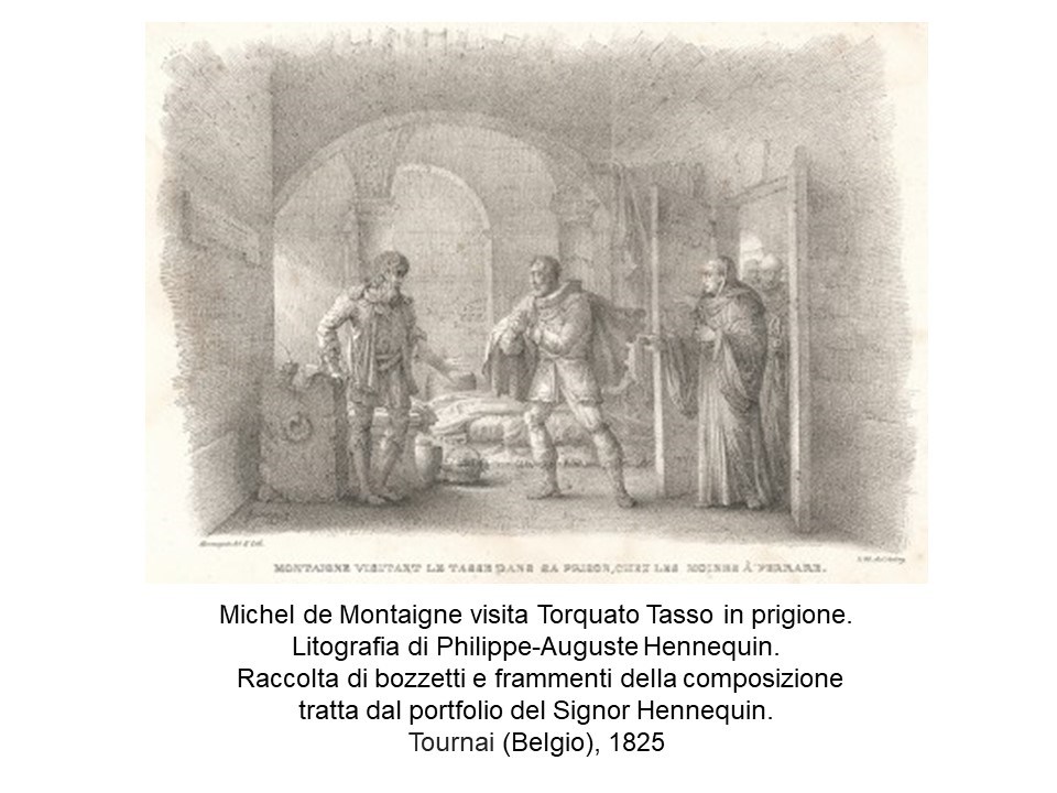 Мишель Монтень навещает Торквато Тассо в тюрьме.  Литографировал Филипп-Огюст Эннекен.